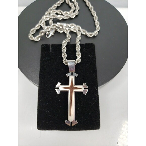 Vintage Stainless Steel 3D Cross Pendant Thick 23" Rope Necklace - Picture 11 of 16